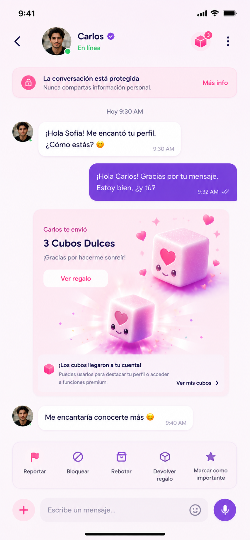 Pantalla de chat protegido de SweetCube