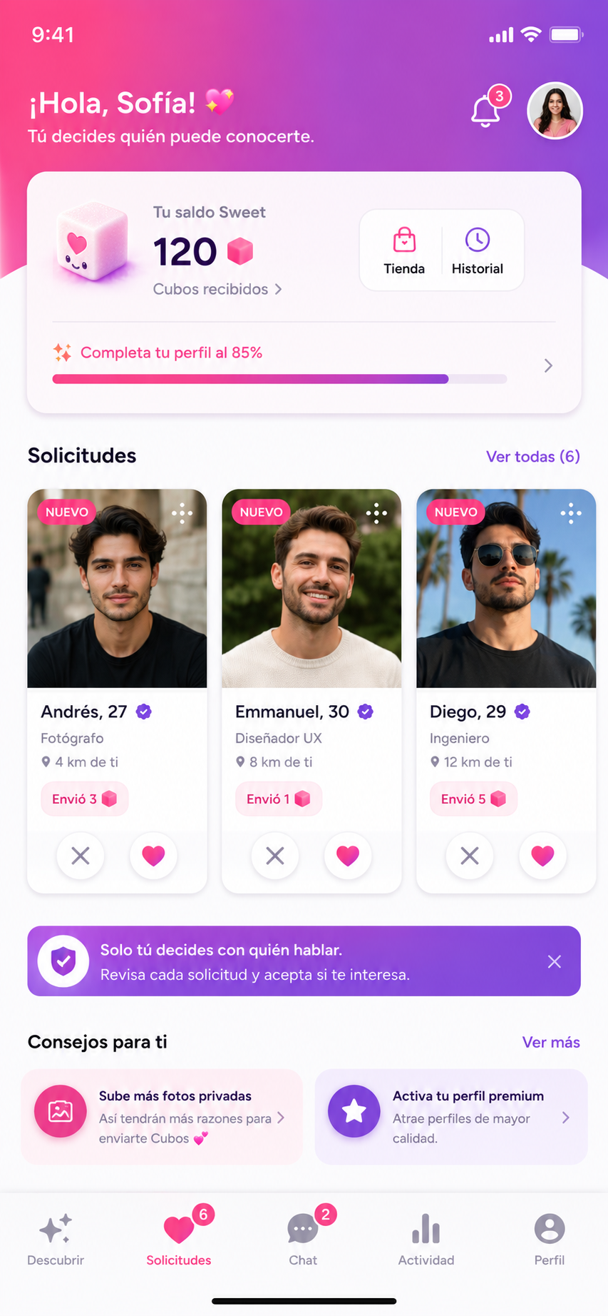 Pantalla de solicitudes de SweetCube